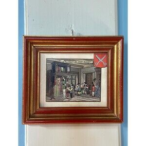 French Vintage Satire Antique Wood Framed Small Art Drawing Print XVII c.